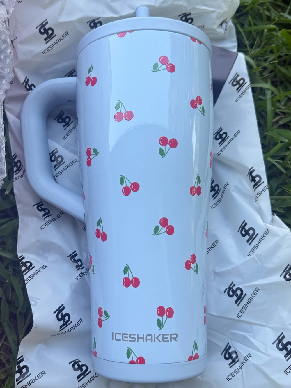 White Cherry Print Insulated Travel Mug with Handle